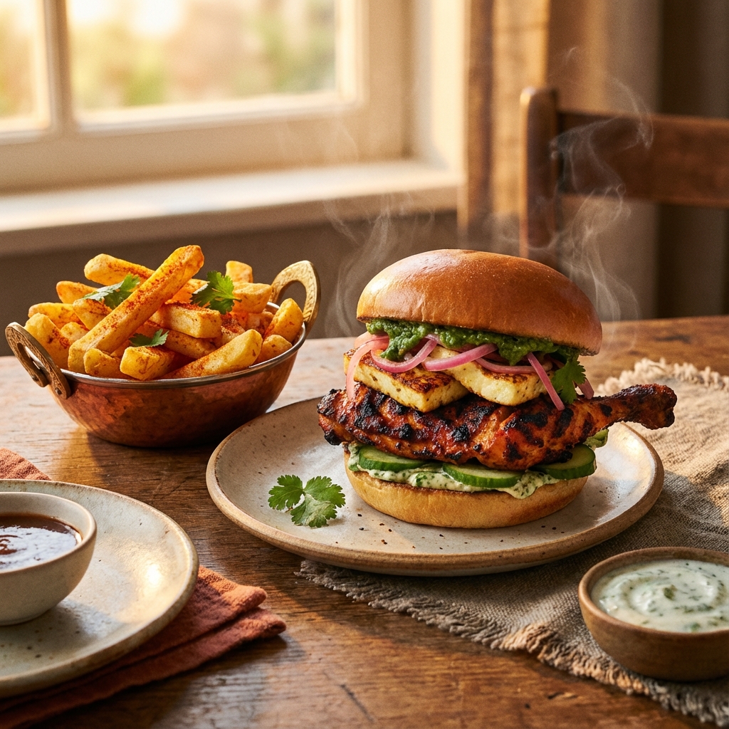Delicious Indian-Fusion Burger and Fries